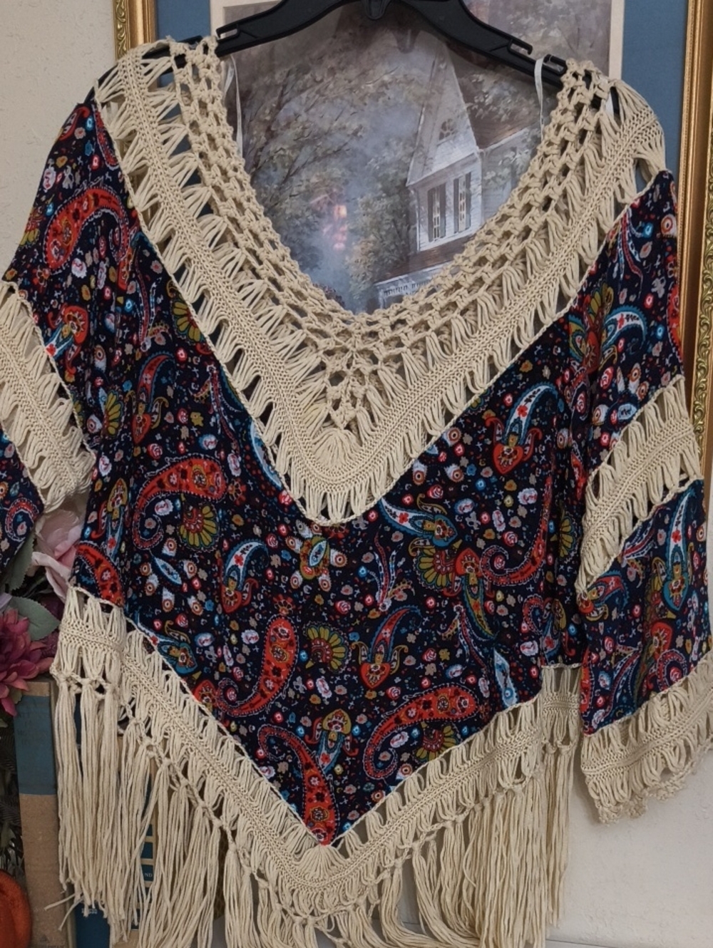 Crochet-Trim Paisley Fringe Women's Boho Western Festival Xl Concert - Picture 3 of 5